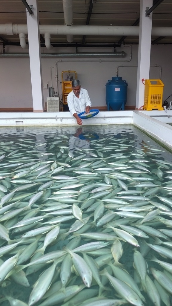 Tilapia hatchery with fry in tanks, technician monitoring water quality.